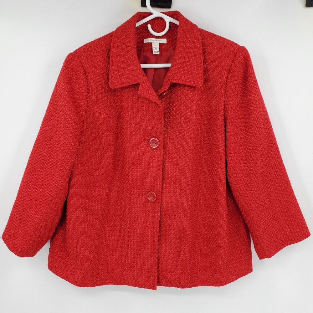 JM Collection Red Textured Tweed Button Front Jacket Blazer Size 14 3/4 Sleeve‎